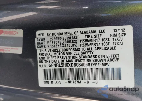 2013 Honda Odyssey Ex-L from USA, damaged, VIN 5FNRL5H6XDB034068